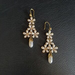 Henri Bendel Faux Pearl Floral Dangle Earrings Gold Plate Bridal Dressy Signed